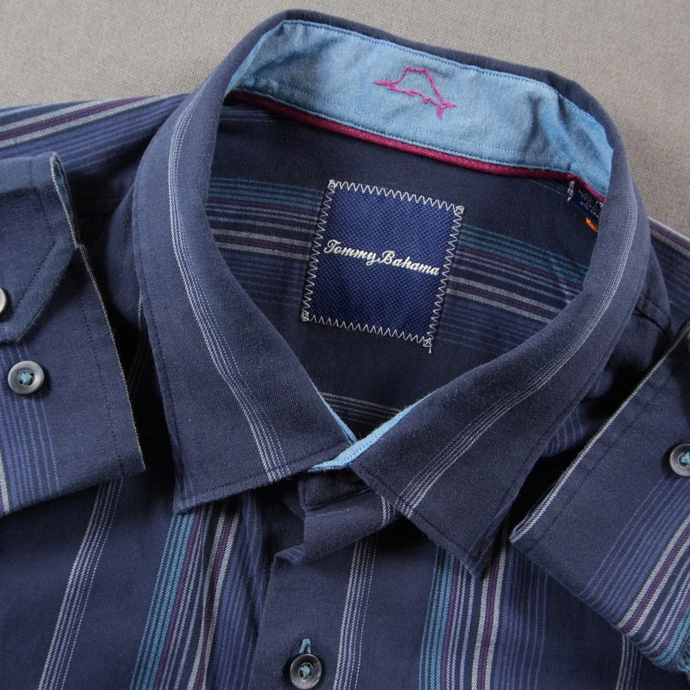 Tommy Bahama Silk Cotton Striped Long Sleeve Men Shirt XL Vacation Coastal Beach